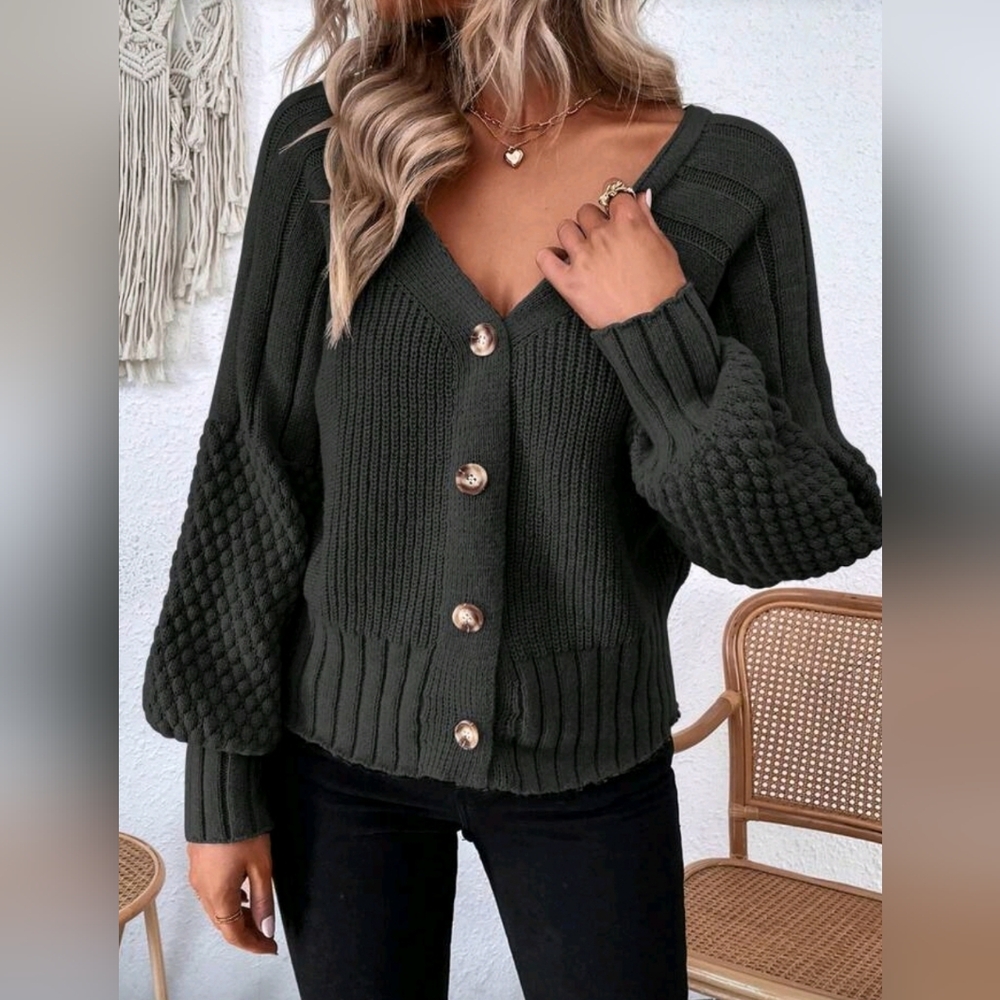 New Boho Textured Knit Raglan Sleeve Cardigan Sweater Black